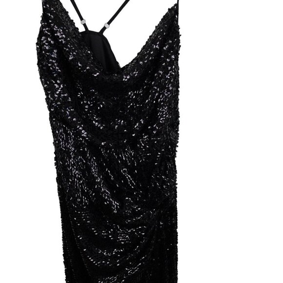 Black Sequin Party Dress Cowl Neck Strappy Backless Slit Maxi Evening Gown - Picture 9 of 15